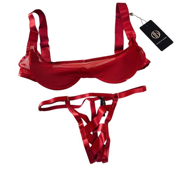House of Desire Premium Devon Mesh Bra & Panty Set Red Crisscross Medium NEW - Picture 13 of 15